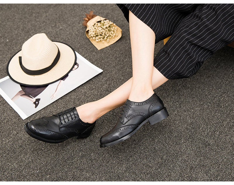 U-lite Women's Perforated Lace-up Wingtip Leather Flat Oxfords Vintage Oxford Shoes Brogues Black 6.5 - Image 4